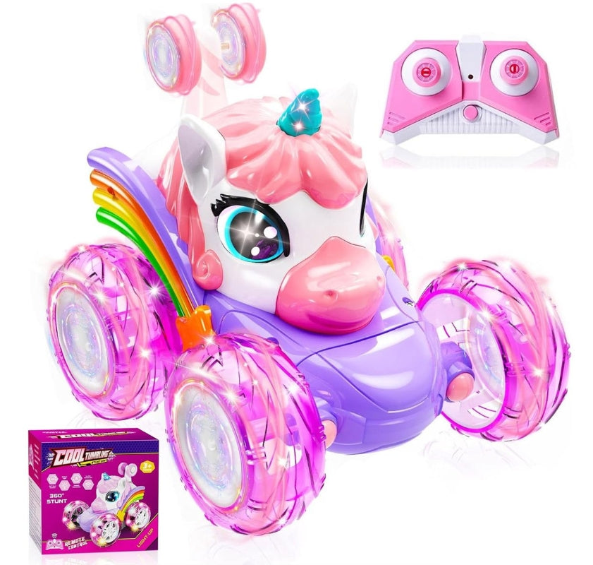 Rechargeable Unicorn Remote Control Car – 360° Rotating Toy with Cute Lights