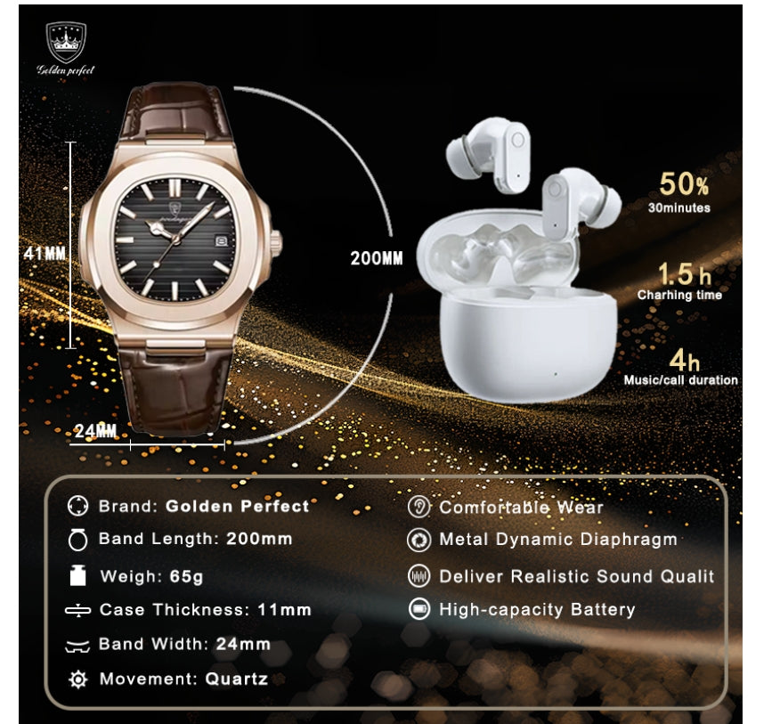 Golden Perfect Luxury Men’s Watch & Earbuds Gift Set – The Ultimate Gift for Him