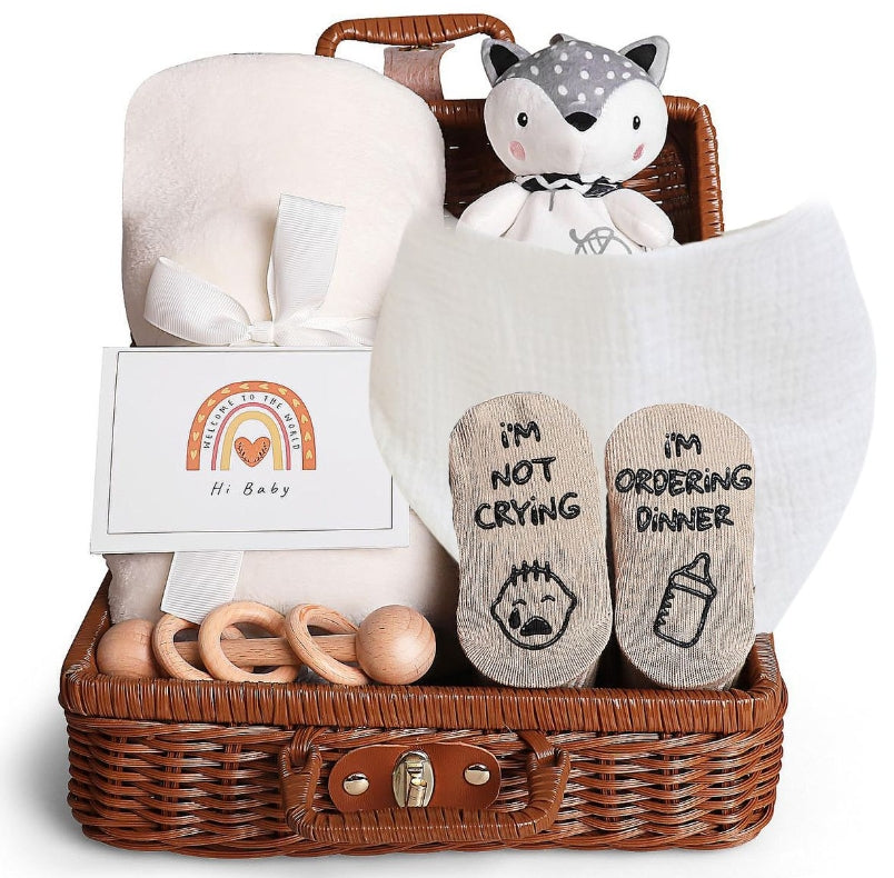 Baby Gift Hamper – Blanket, Newborn Socks, Wooden Rattle & Greeting Card (White Theme)
